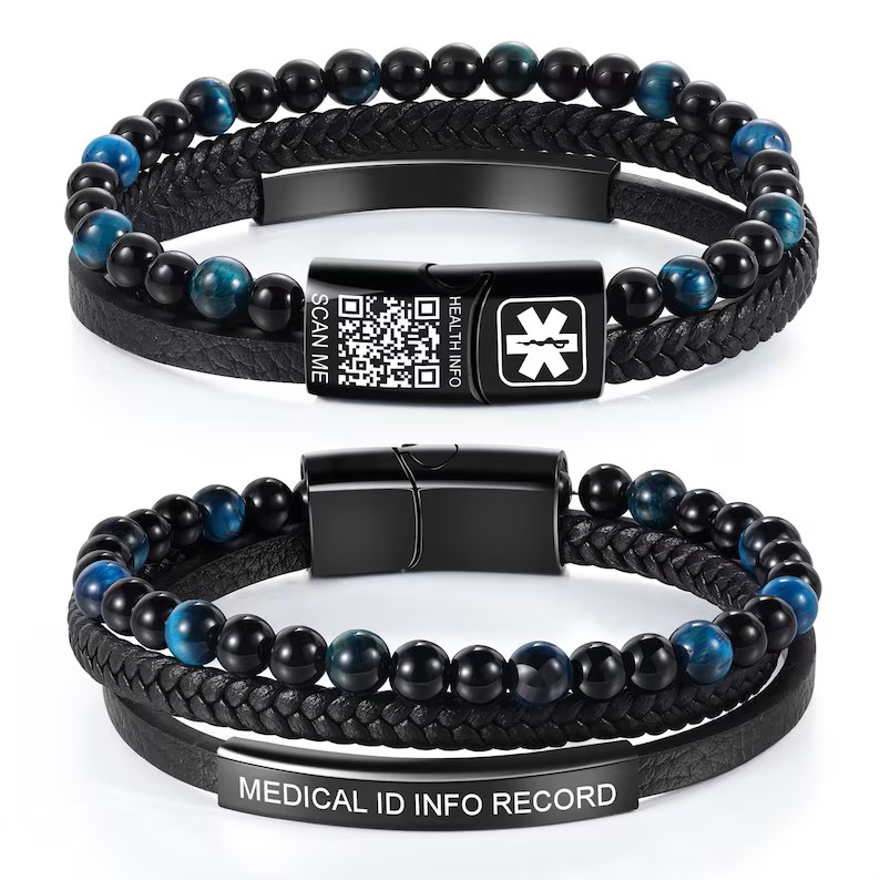 Health Wellness Bracelet - Natural Tiger Eye Stone Medical ID
